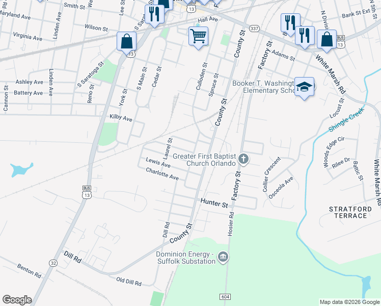 map of restaurants, bars, coffee shops, grocery stores, and more near 302 Mill Street in Suffolk
