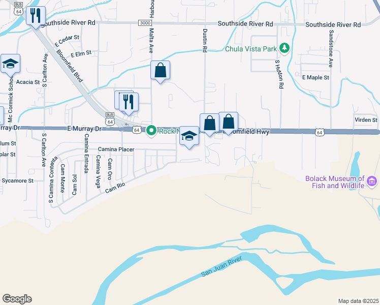 map of restaurants, bars, coffee shops, grocery stores, and more near 1204 Camino Real in Farmington