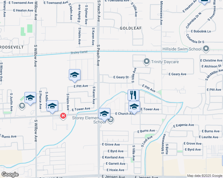 map of restaurants, bars, coffee shops, grocery stores, and more near 2321 South Bush Avenue in Fresno