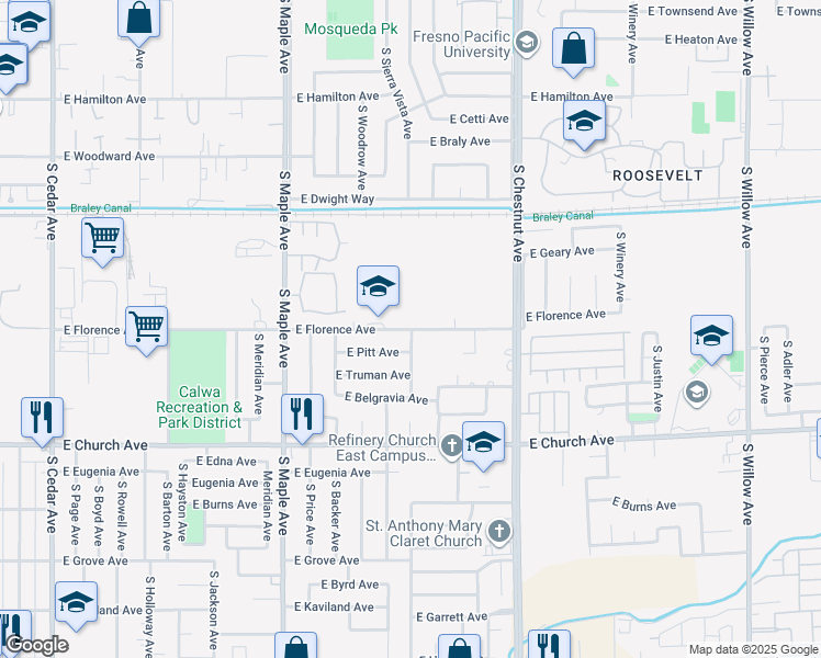 map of restaurants, bars, coffee shops, grocery stores, and more near 4699 East Florence Avenue in Fresno