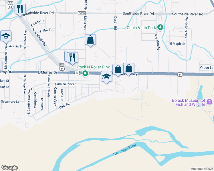 map of restaurants, bars, coffee shops, grocery stores, and more near 1204 Camino Real in Farmington