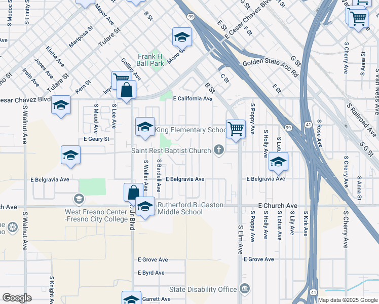 map of restaurants, bars, coffee shops, grocery stores, and more near 1300 East Reverend Chester Riggins Avenue in Fresno