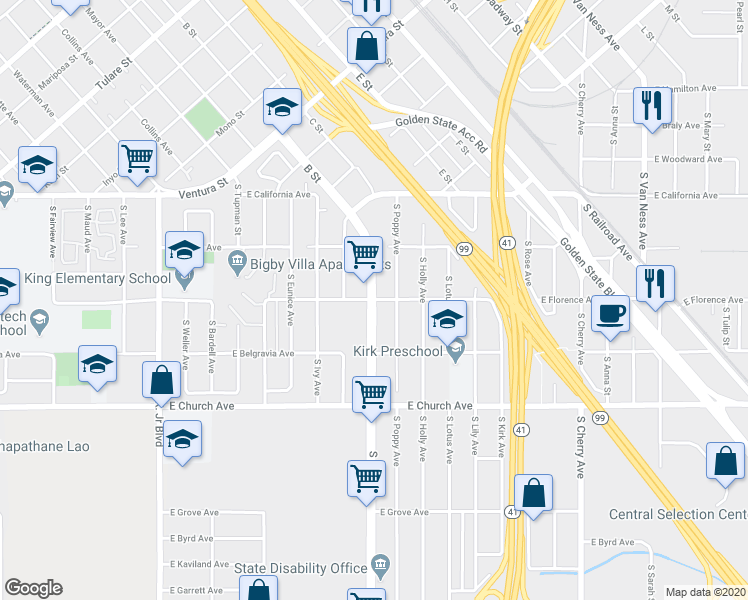 map of restaurants, bars, coffee shops, grocery stores, and more near 1701 East Reverend Chester Riggins Avenue in Fresno