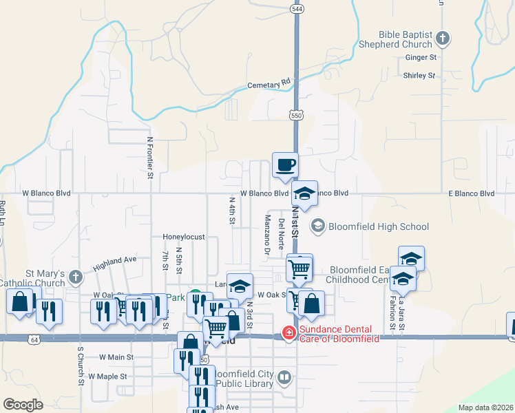 map of restaurants, bars, coffee shops, grocery stores, and more near 20 West Blanco Boulevard in Bloomfield