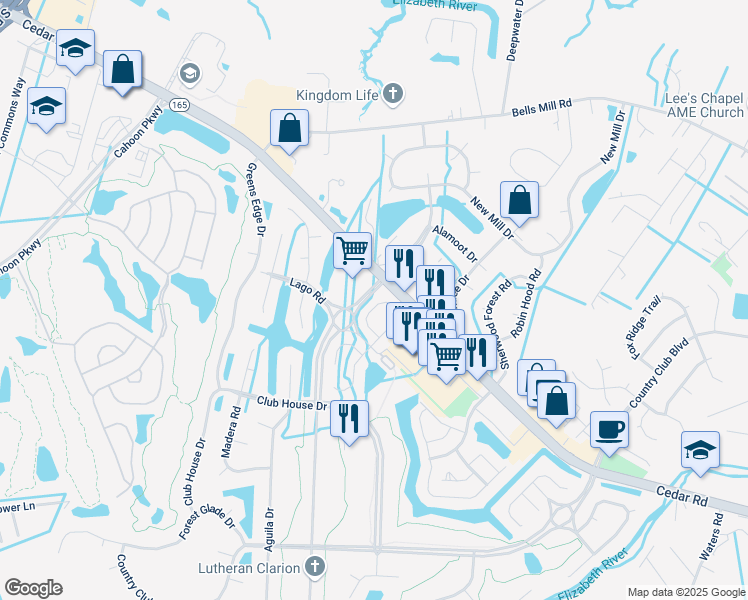 map of restaurants, bars, coffee shops, grocery stores, and more near 1269 Virginia 165 in Chesapeake