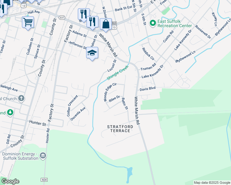 map of restaurants, bars, coffee shops, grocery stores, and more near 814 Resource Drive in Suffolk