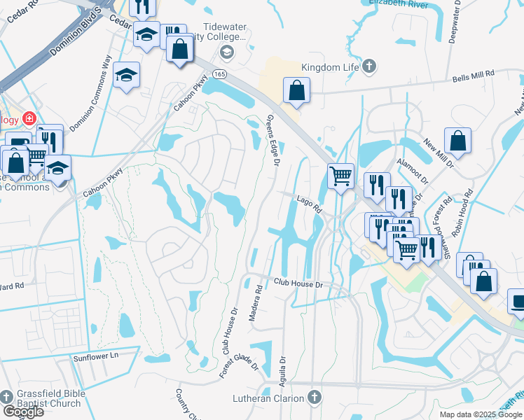 map of restaurants, bars, coffee shops, grocery stores, and more near 331 Greens Edge Drive in Chesapeake