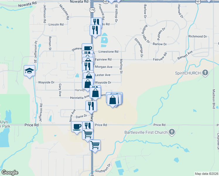 map of restaurants, bars, coffee shops, grocery stores, and more near 4006 Wayside Drive in Bartlesville