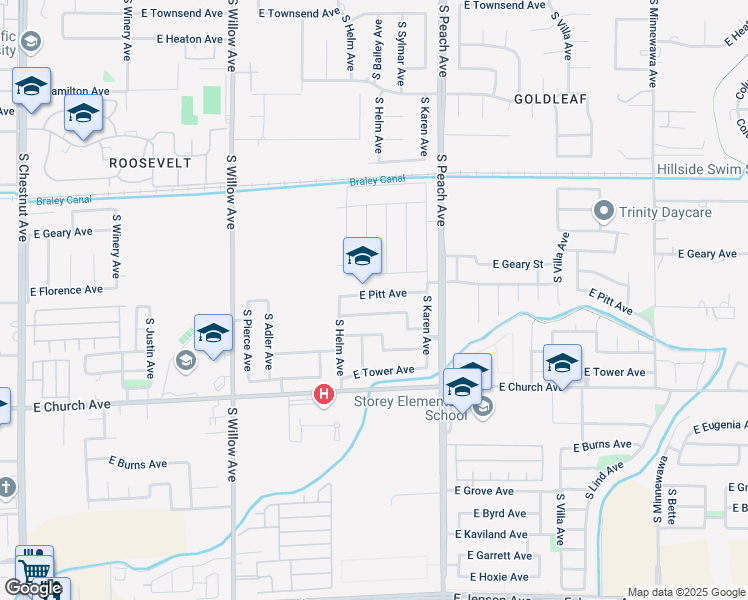 map of restaurants, bars, coffee shops, grocery stores, and more near 5139 East Pitt Avenue in Fresno