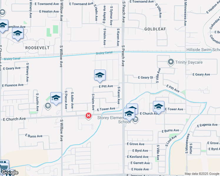 map of restaurants, bars, coffee shops, grocery stores, and more near 5139 East Pitt Avenue in Fresno