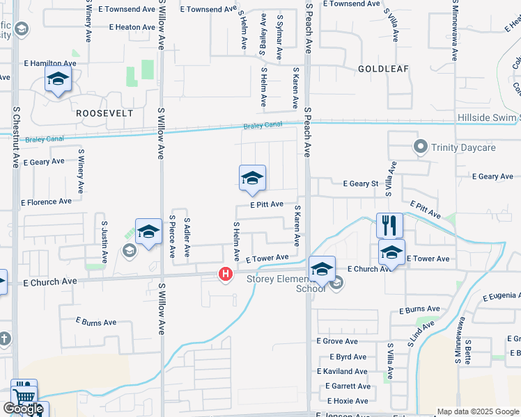 map of restaurants, bars, coffee shops, grocery stores, and more near 5139 East Pitt Avenue in Fresno