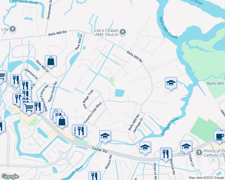 map of restaurants, bars, coffee shops, grocery stores, and more near 813 Cedarwood Court in Chesapeake