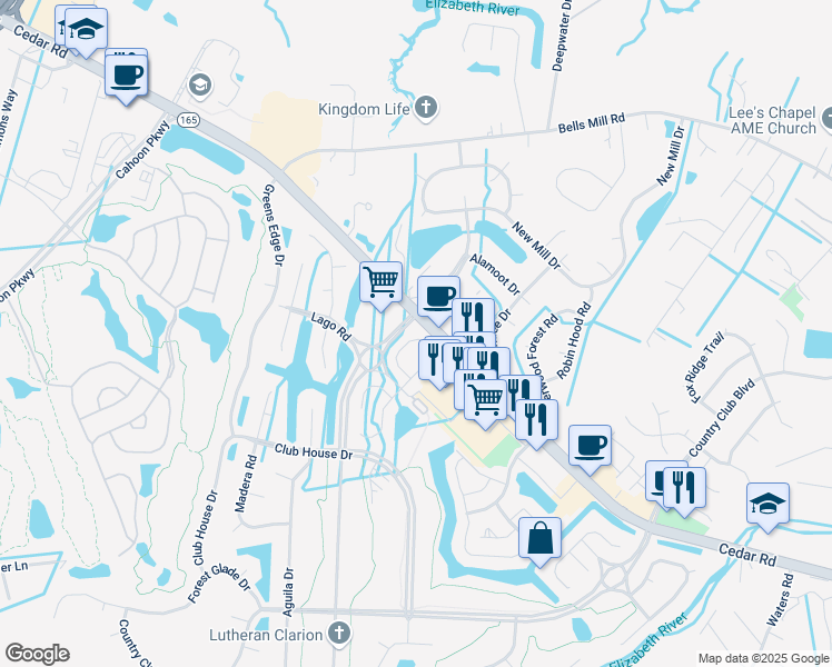 map of restaurants, bars, coffee shops, grocery stores, and more near 407 Brisa Drive in Chesapeake