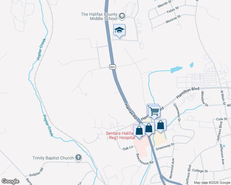 map of restaurants, bars, coffee shops, grocery stores, and more near 2538 Halifax Road in South Boston