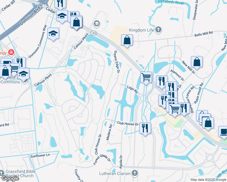 map of restaurants, bars, coffee shops, grocery stores, and more near 331 Greens Edge Drive in Chesapeake