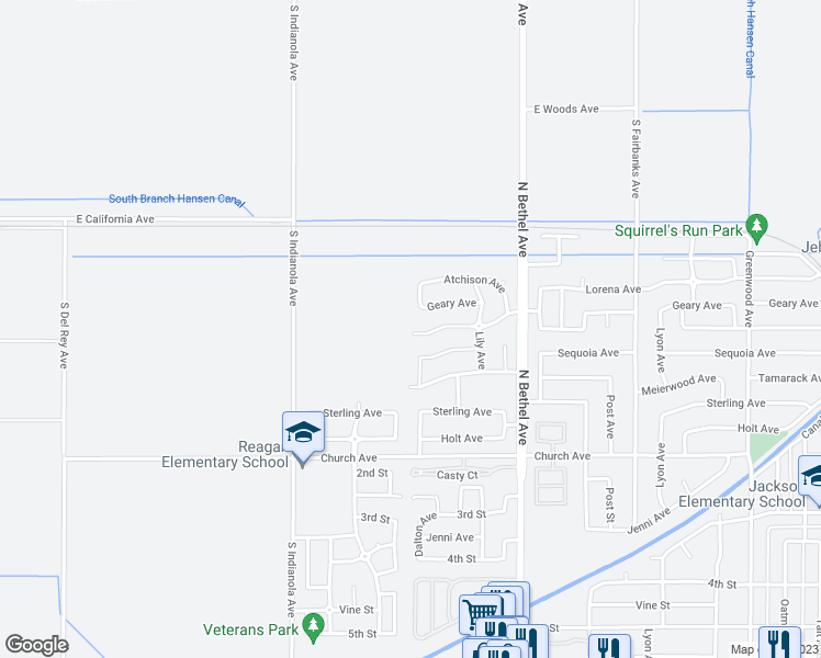 map of restaurants, bars, coffee shops, grocery stores, and more near 2892 Florence Avenue in Sanger