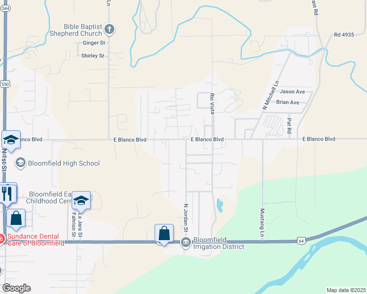 map of restaurants, bars, coffee shops, grocery stores, and more near 1128-1198 East Blanco Boulevard in Bloomfield