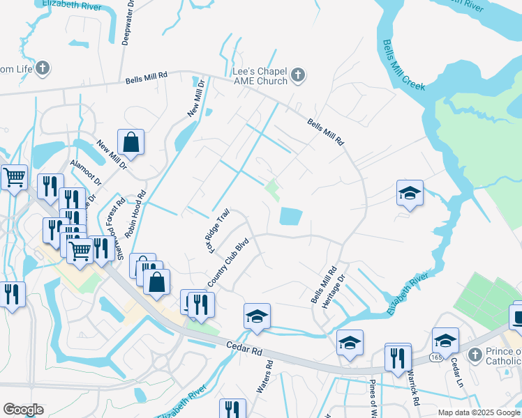 map of restaurants, bars, coffee shops, grocery stores, and more near 816 Cedarwood Court in Chesapeake