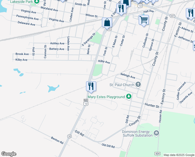 map of restaurants, bars, coffee shops, grocery stores, and more near 100 Forest Oak Lane in Suffolk