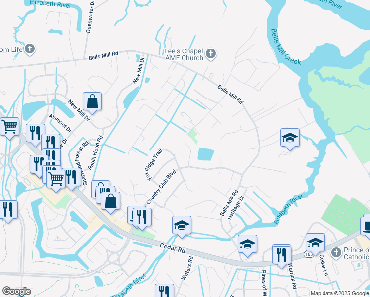 map of restaurants, bars, coffee shops, grocery stores, and more near 816 Cedarwood Court in Chesapeake