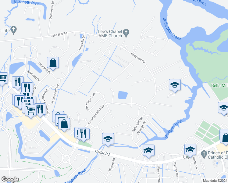 map of restaurants, bars, coffee shops, grocery stores, and more near 813 Cedarwood Court in Chesapeake