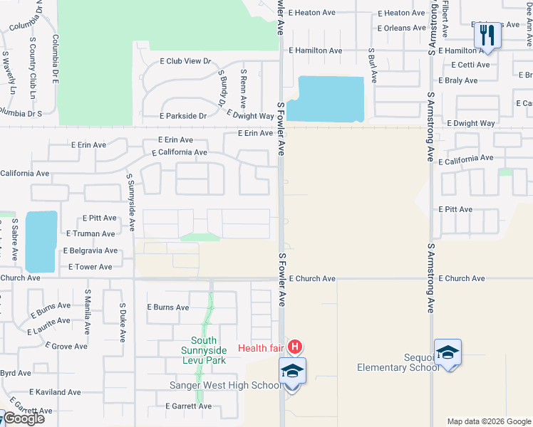 map of restaurants, bars, coffee shops, grocery stores, and more near 5986 East Pitt Avenue in Fresno