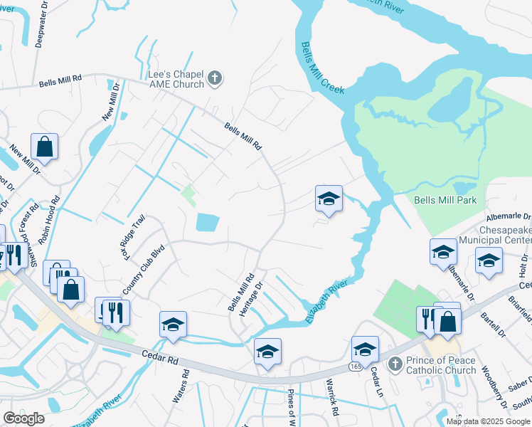 map of restaurants, bars, coffee shops, grocery stores, and more near 891 Bells Mill Road in Chesapeake