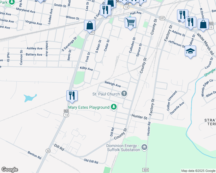 map of restaurants, bars, coffee shops, grocery stores, and more near 116 Raleigh Avenue in Suffolk