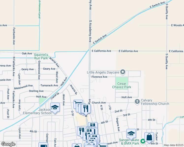 map of restaurants, bars, coffee shops, grocery stores, and more near 14 Academy Avenue in Sanger