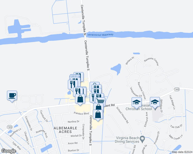 map of restaurants, bars, coffee shops, grocery stores, and more near 1625 Waterway Circle in Chesapeake