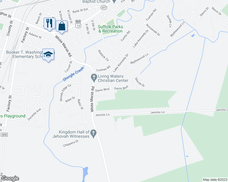 map of restaurants, bars, coffee shops, grocery stores, and more near 845 Davis Boulevard in Suffolk