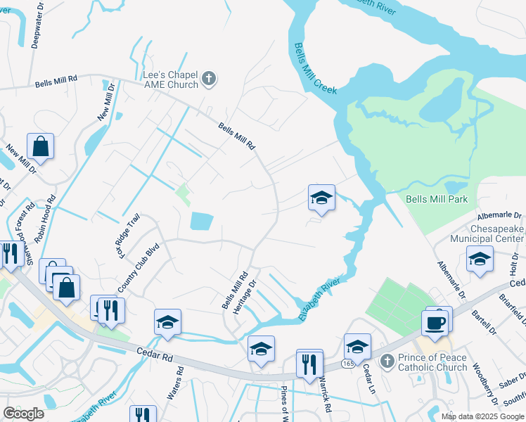map of restaurants, bars, coffee shops, grocery stores, and more near 891 Bells Mill Road in Chesapeake