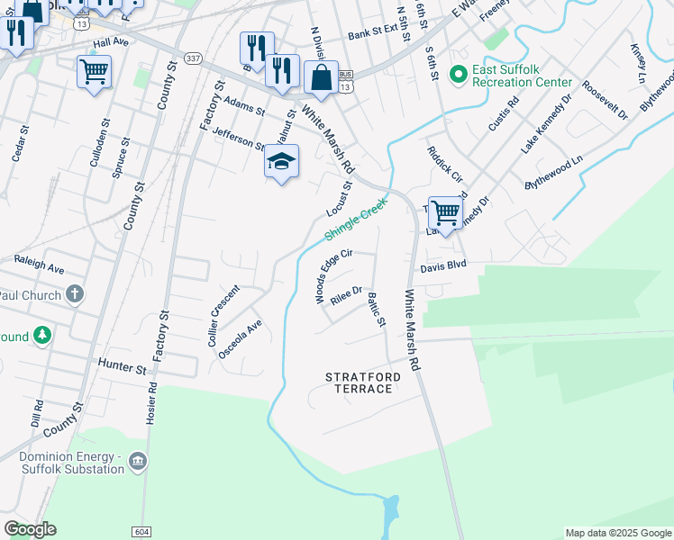 map of restaurants, bars, coffee shops, grocery stores, and more near 1209 Woods Edge Circle in Suffolk