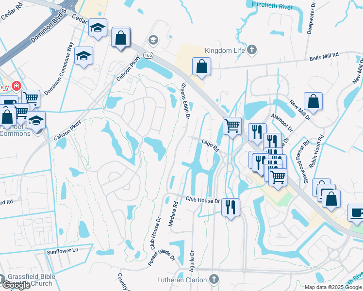 map of restaurants, bars, coffee shops, grocery stores, and more near 325 Greens Edge Drive in Chesapeake