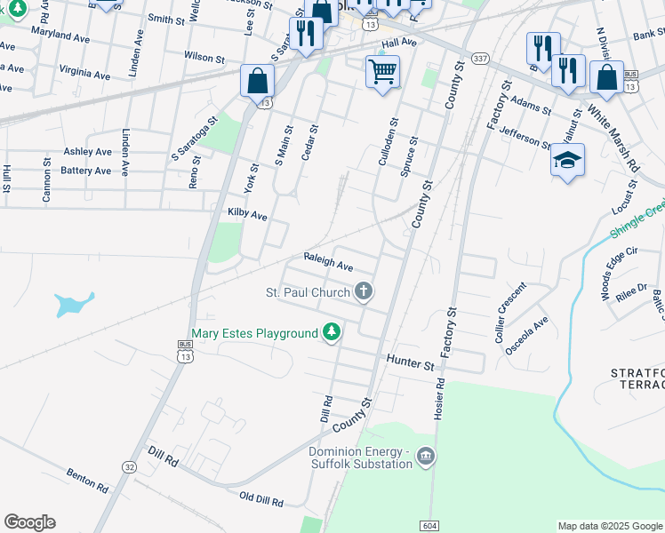 map of restaurants, bars, coffee shops, grocery stores, and more near 116 Raleigh Avenue in Suffolk