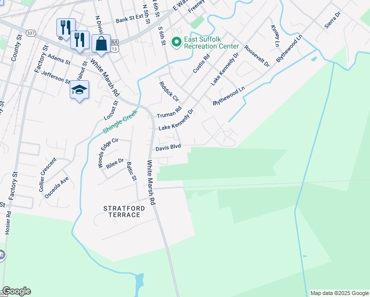map of restaurants, bars, coffee shops, grocery stores, and more near 845 Davis Boulevard in Suffolk