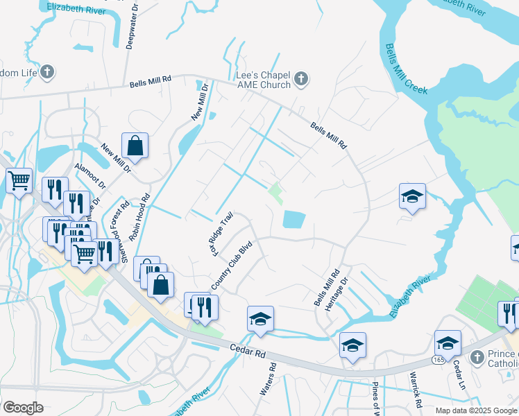 map of restaurants, bars, coffee shops, grocery stores, and more near 820 Cedarwood Court in Chesapeake