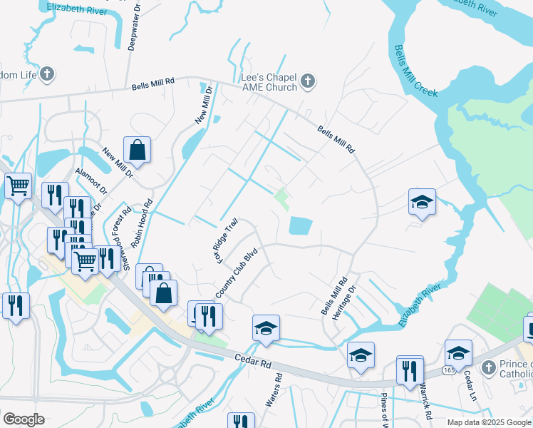 map of restaurants, bars, coffee shops, grocery stores, and more near 820 Cedarwood Court in Chesapeake