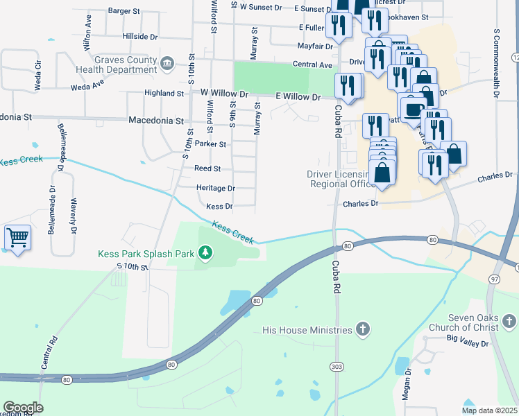 map of restaurants, bars, coffee shops, grocery stores, and more near 1706 Murray Street in Mayfield
