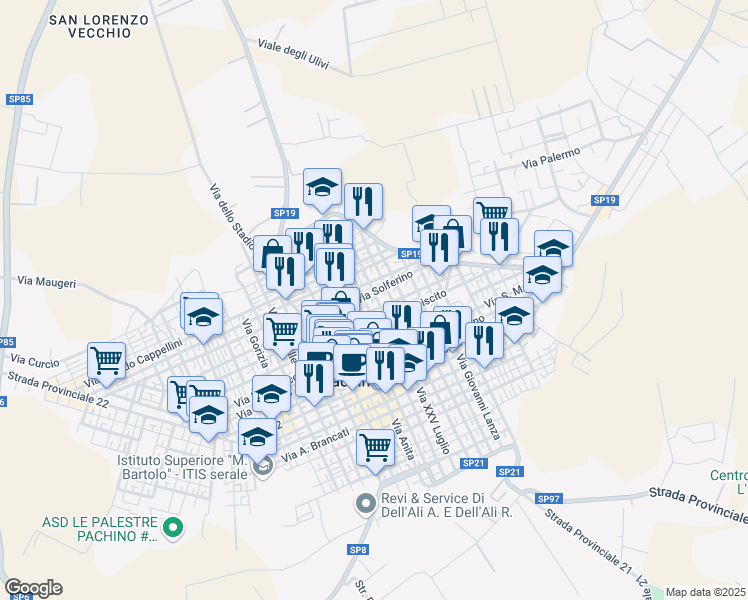map of restaurants, bars, coffee shops, grocery stores, and more near 68 Via Solferino in Pachino