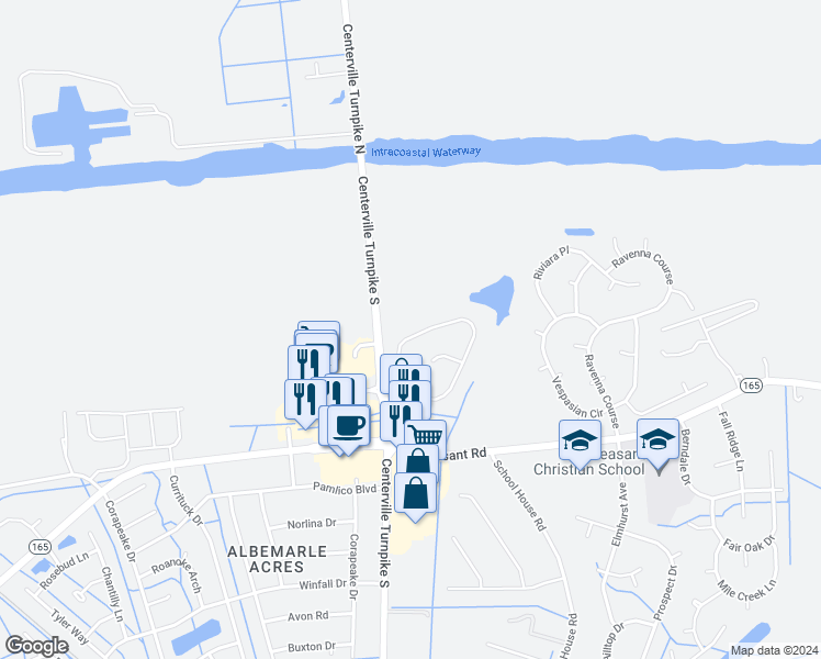 map of restaurants, bars, coffee shops, grocery stores, and more near 1625 Waterway Circle in Chesapeake