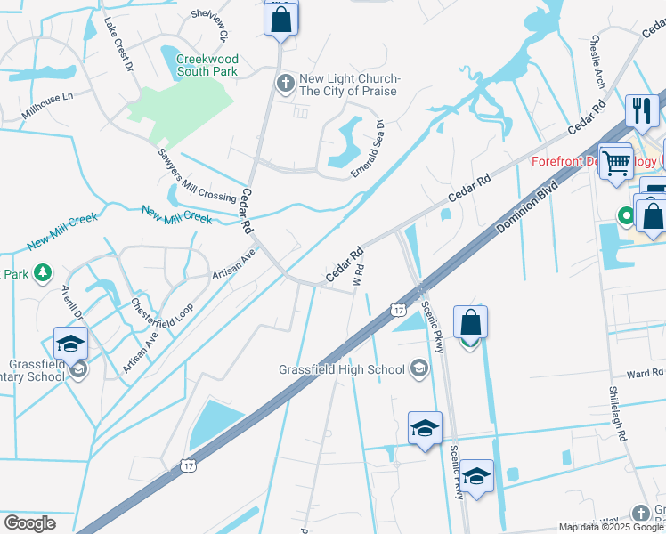 map of restaurants, bars, coffee shops, grocery stores, and more near 2120 Cedar Road in Chesapeake