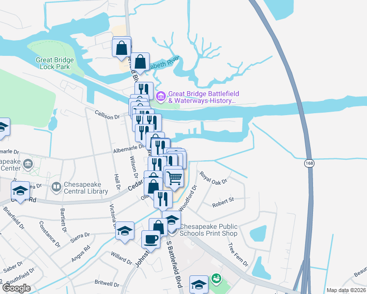 map of restaurants, bars, coffee shops, grocery stores, and more near 136 Causeway Drive in Chesapeake