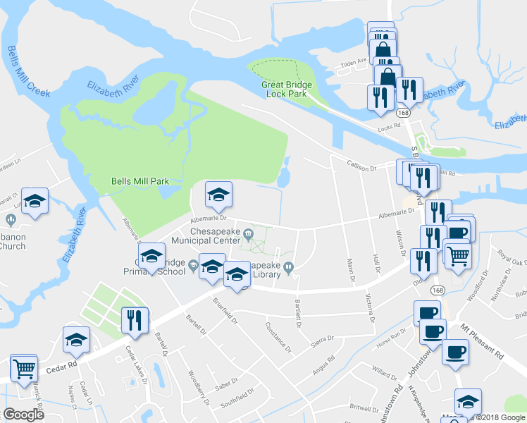 map of restaurants, bars, coffee shops, grocery stores, and more near 304 Albemarle Drive in Chesapeake