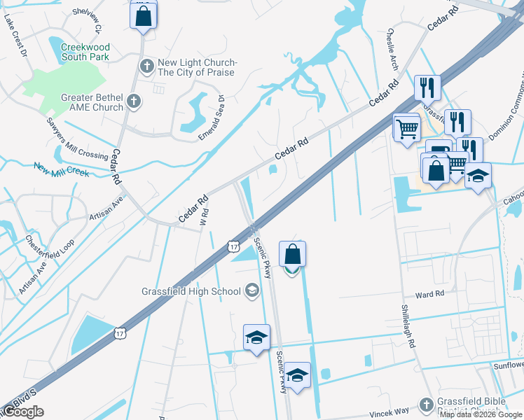 map of restaurants, bars, coffee shops, grocery stores, and more near 633 Erin Lane in Chesapeake