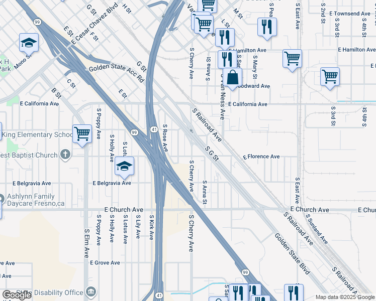 map of restaurants, bars, coffee shops, grocery stores, and more near 2251 South Nicholas Avenue in Fresno