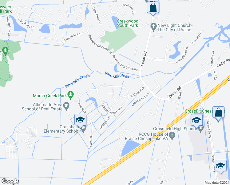 map of restaurants, bars, coffee shops, grocery stores, and more near 2205 Tattenhall Lane in Chesapeake