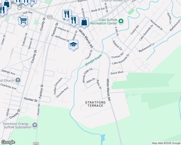 map of restaurants, bars, coffee shops, grocery stores, and more near 1209 Woods Edge Circle in Suffolk