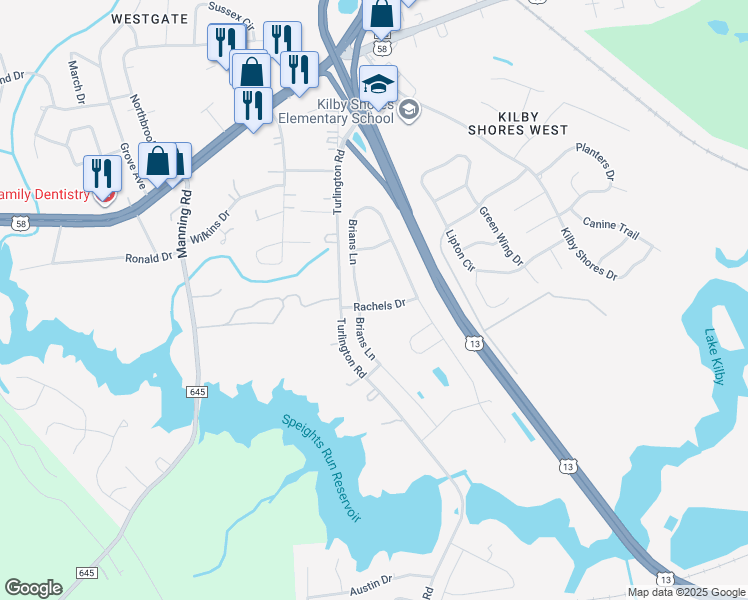 map of restaurants, bars, coffee shops, grocery stores, and more near 1007 Rachels Drive in Suffolk