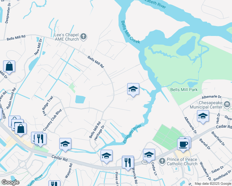 map of restaurants, bars, coffee shops, grocery stores, and more near 900 Bells Mill Road in Chesapeake
